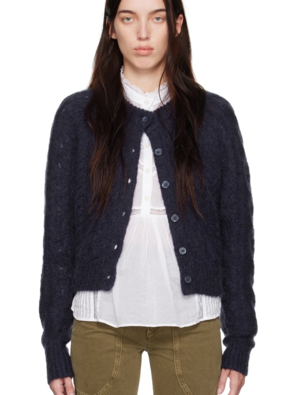 Marant Étoile Midnight Blue "Ery" Mohair & Wool Cable Knit Cardigan Size 36 / S